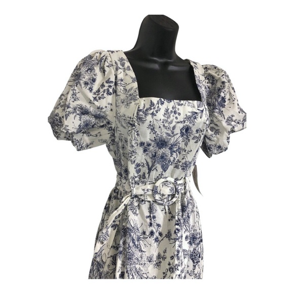 Cream blue floral‎ puff sleeve belted smocked square neck nap dress size medium - Picture 16 of 17